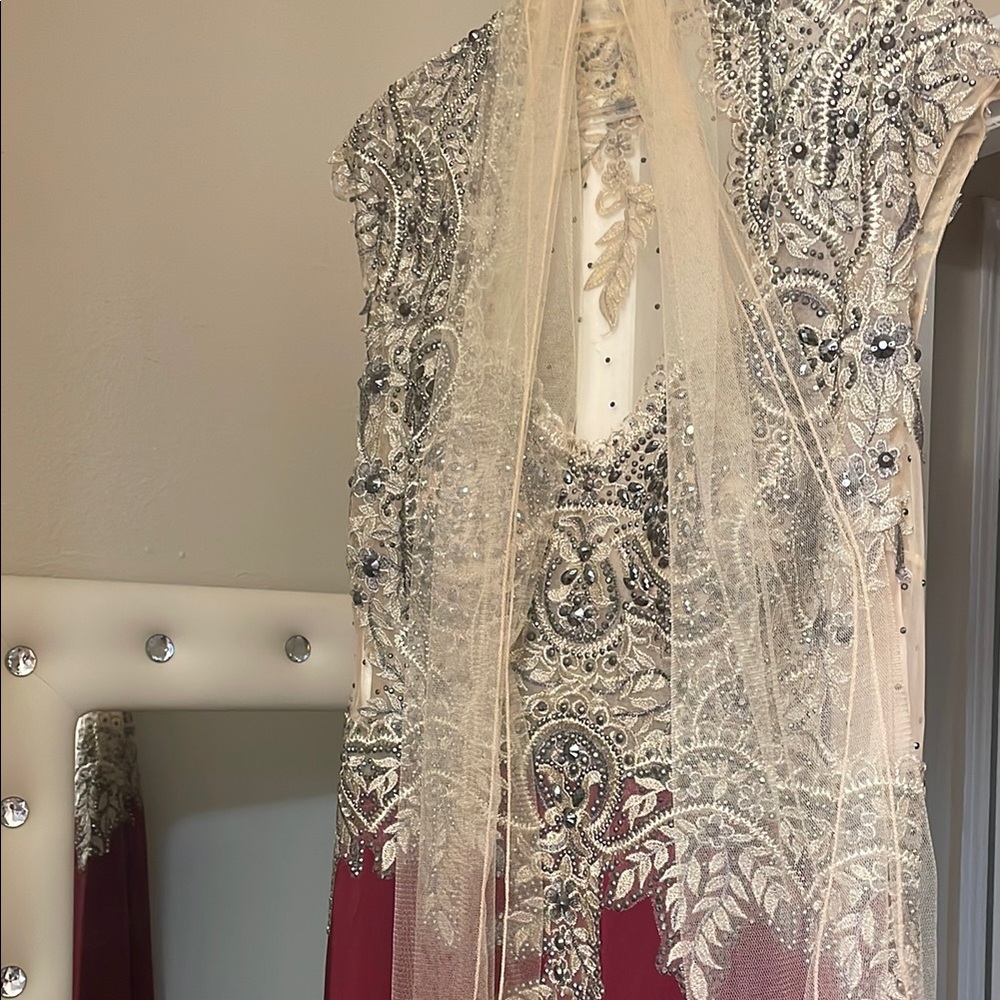 Anny Lee Elegant Burgundy Beaded Gown with Sheer Overlay